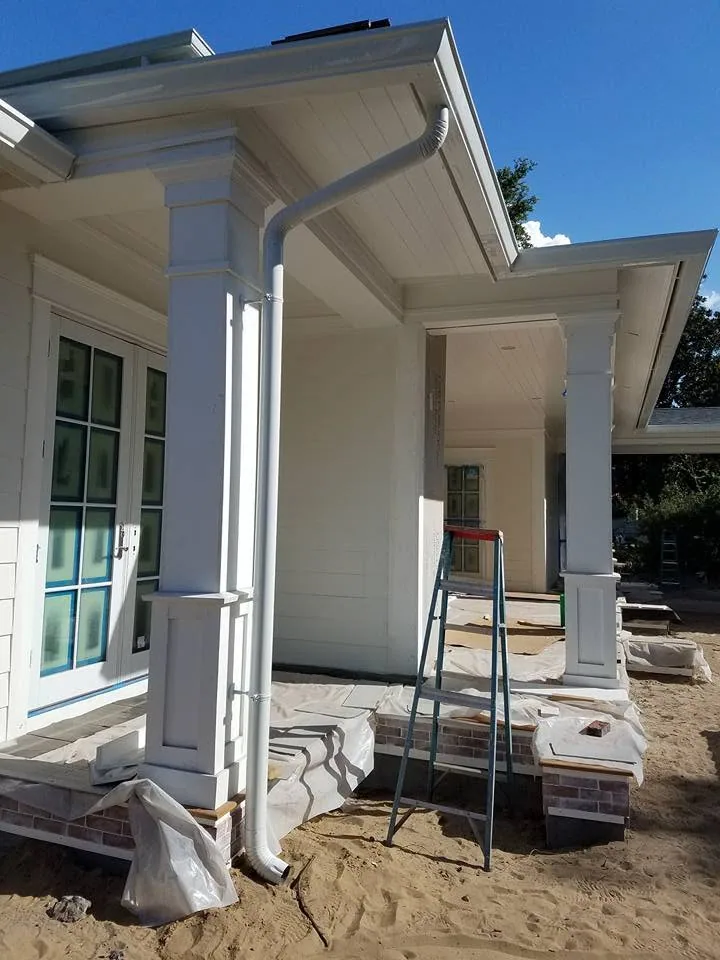 White round downspout square porch column new construction brick steps, Sanford